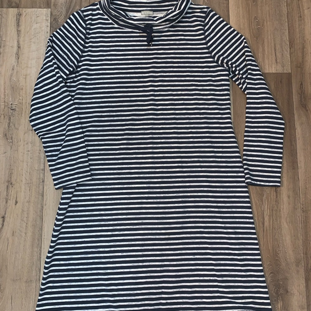 Talbots Blue and White Sheath Dress with Long Sleeves and Crew Neck